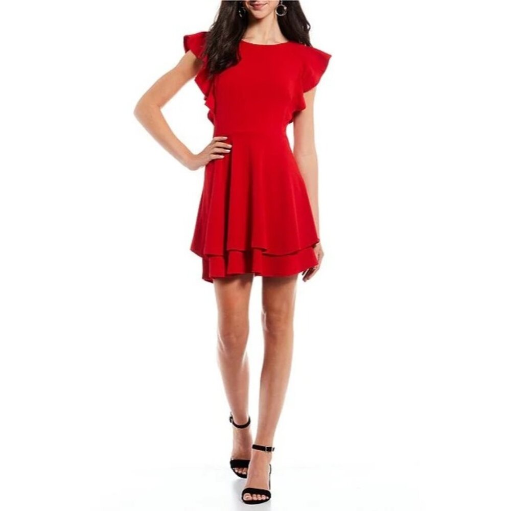 Midnight Doll Fit & Flare Dress Womens Size Small Flutter Sleeve Double Hem Red